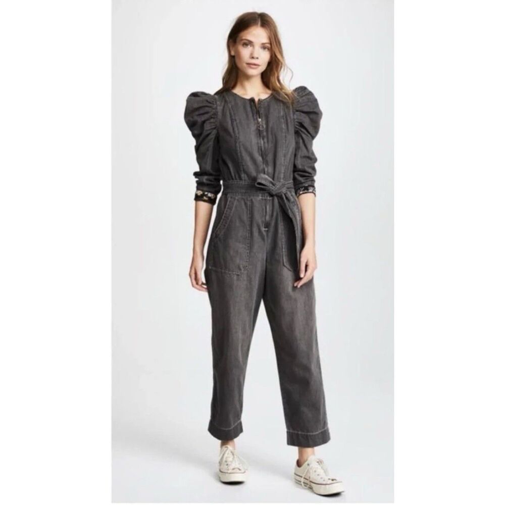 La Vie Rebecca Taylor Jumpsuit Size Small Puff Sleeve Gray Denim Attached Belt